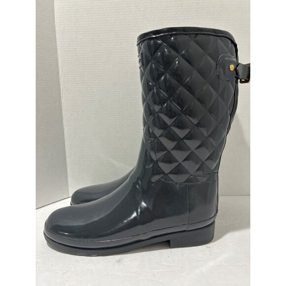 HUNTER WOMENS REFINED GLOSS QUILT SHORT MID CALF BLACK RAIN BOOTS SIZE 11 - Picture 1 of 8